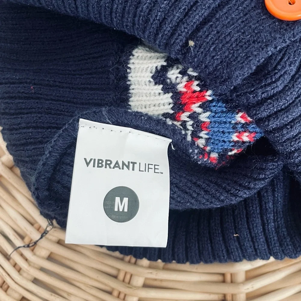 Vibrant Life navy blue Holiday Dog Turtleneck sweater button Collar Medium NWT